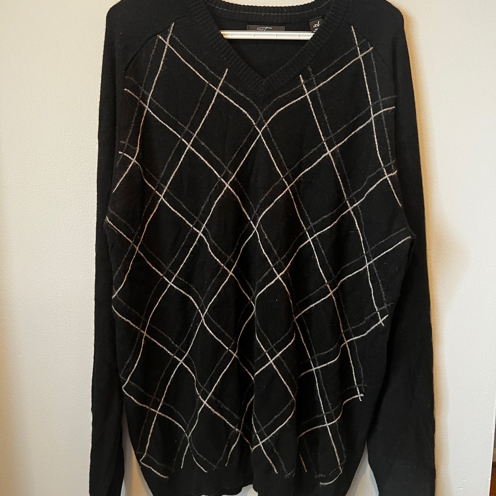 *Black and White V-Neck Sweater with Argyle Pattern